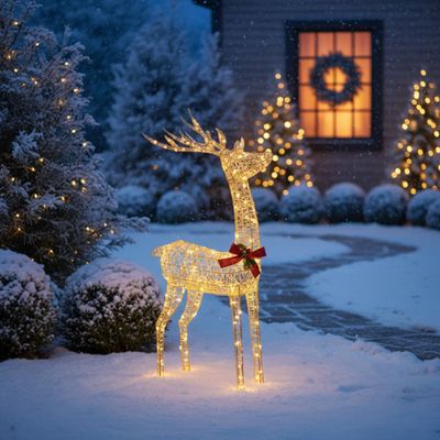 127cm Gold Rattan LED Christmas Reindeer Outdoor Decoration with 450 Warm White Lights Weather Resistant Festive Display