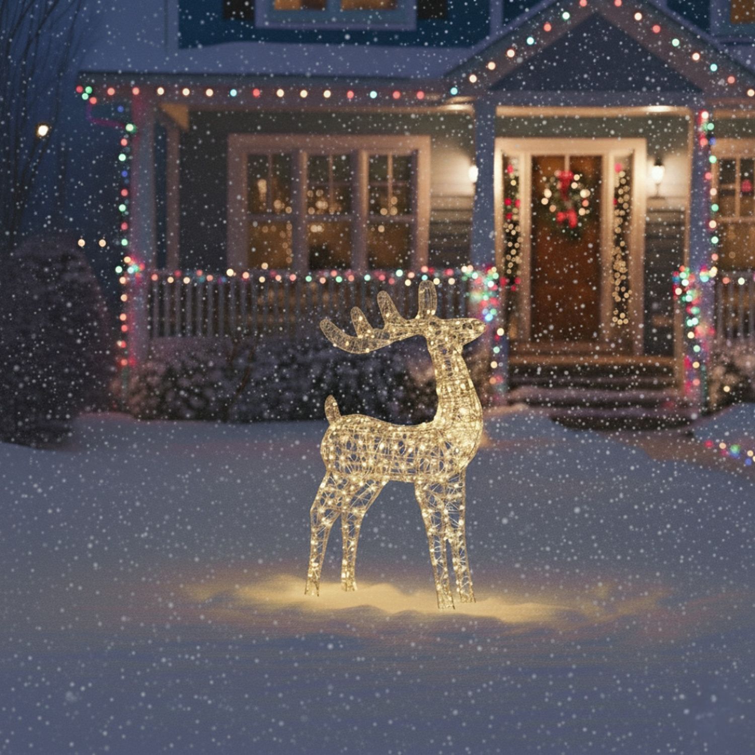 78cm Outdoor Metal Silver Deer with 450 Warm White LEDs Christmas Floor Standing Decoration with 5m Cable and Ground Pegs 78cm Outdoor Metal Silver Deer with 450 Warm White LEDs Christmas Floor Standing Decoration with 5m Cable and Ground Pegs