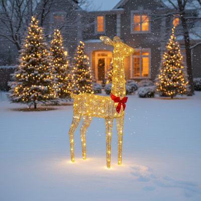 108cm Gold Rattan LED Christmas Deer 350 Warm White Lights Festive Outdoor Decoration with Ground Pegs Weather Resistant 5m Cable 108cm Gold Rattan LED Christmas Deer 350 Warm White Lights Festive Outdoor Decoration with Ground Pegs Weather Resistant 5m Cable