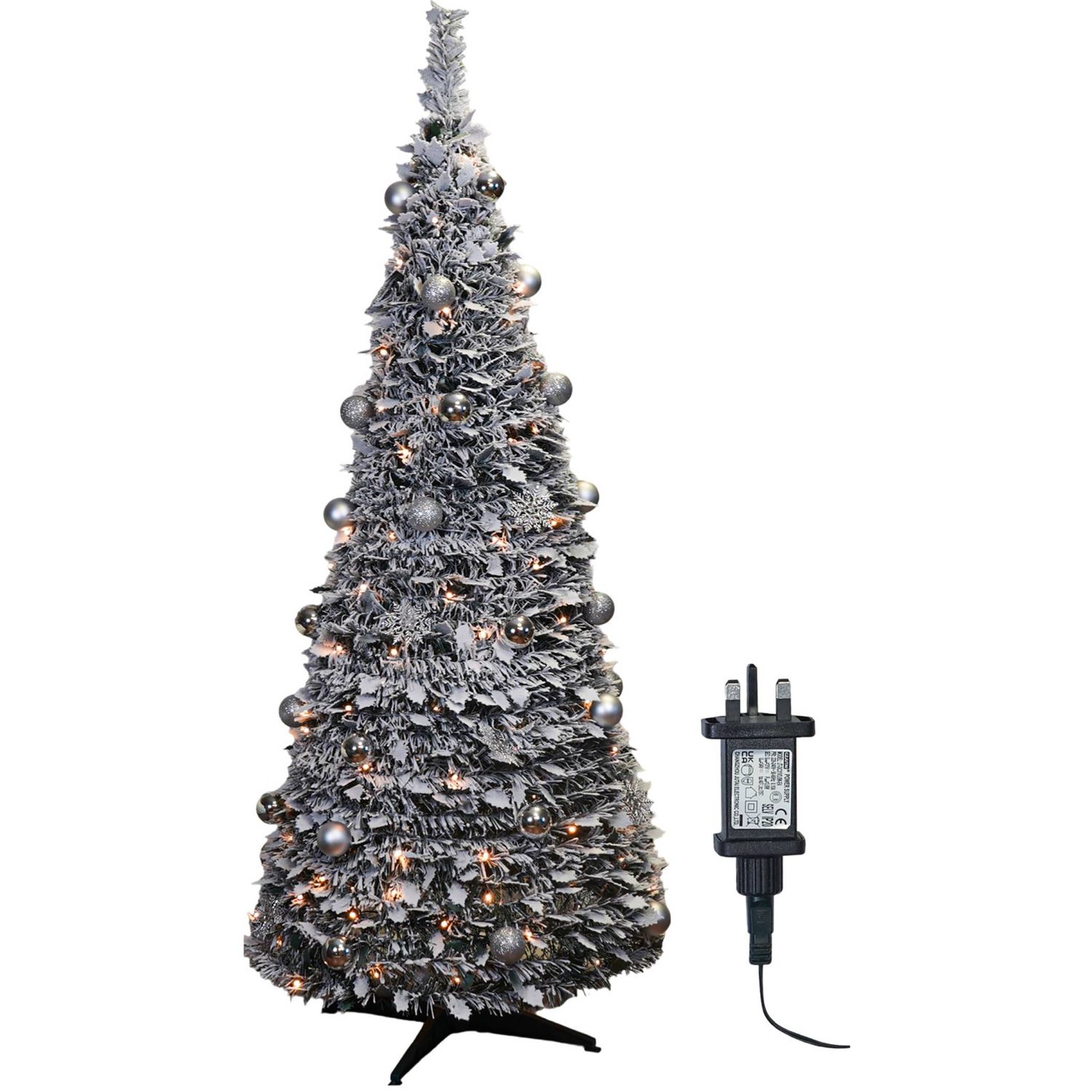 Christmas Pop-Up Pre Decorated Tree with 200 LED Lights, Frosted Leaves, Silver Baubles, Timer, Stand 2.1m Christmas Pop-Up Pre Decorated Tree with 200 LED Lights, Frosted Leaves, Silver Baubles, Timer, Stand 2.1m
