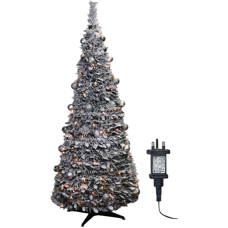 Christmas Pop-Up Pre Decorated Tree with 200 LED Lights, Frosted Leaves, Silver Baubles, Timer, Stand 2.1m Christmas Pop-Up Pre Decorated Tree with 200 LED Lights, Frosted Leaves, Silver Baubles, Timer, Stand 2.1m