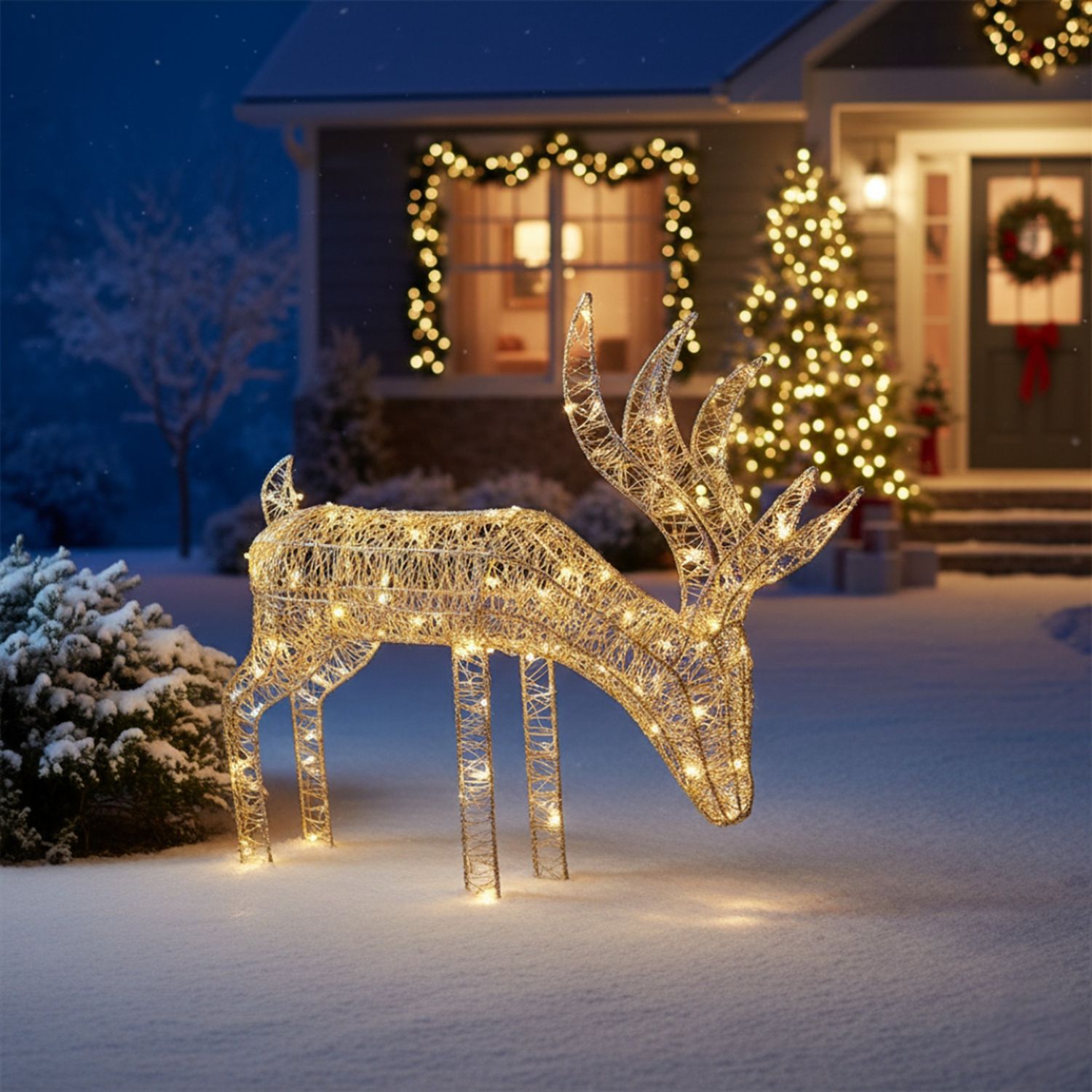 Silver 43cm Floor Standing LED Christmas Reindeer Outdoor Decoration with 200 Warm White Lights 5m Cable Modern Festive Display