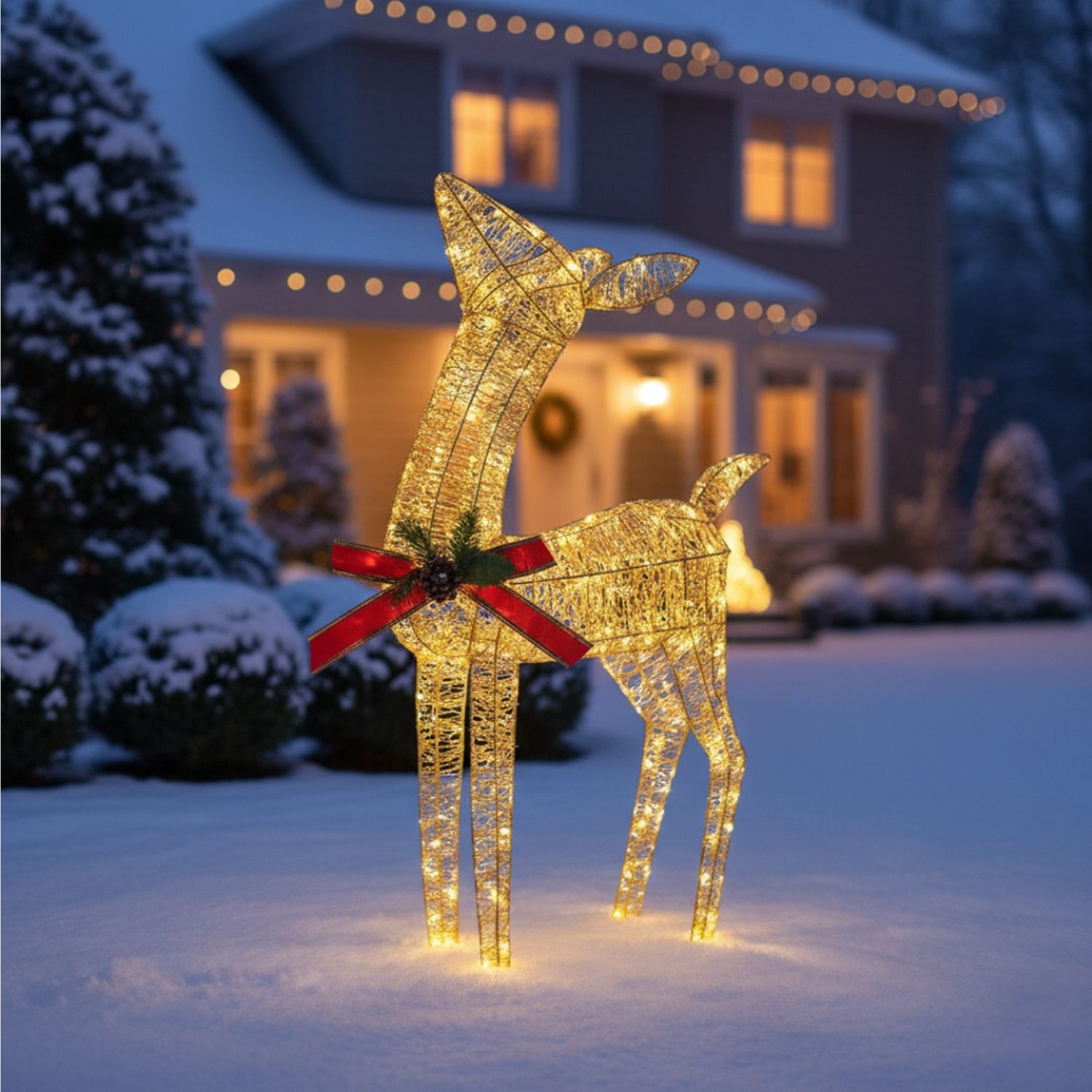 74cm Gold Rattan LED Christmas Reindeer with 250 Warm White Lights Outdoor Festive Decoration with 5m Cable and Ground Stakes