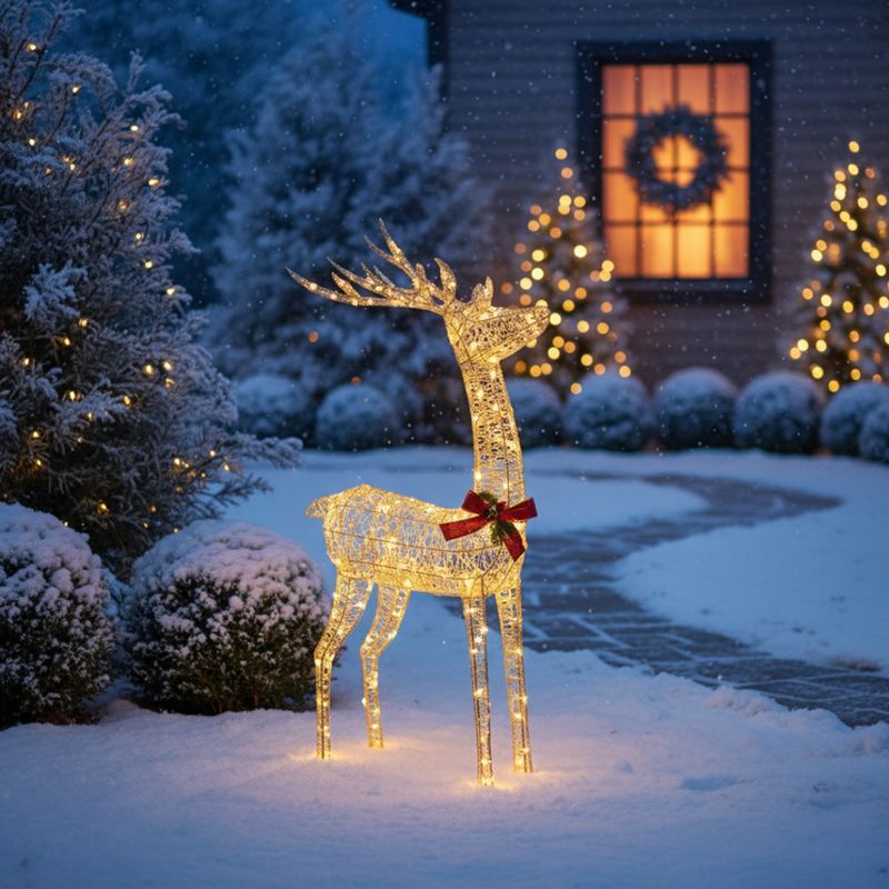 127cm Gold Rattan LED Christmas Reindeer Outdoor Decoration with 450 Warm White Lights Weather Resistant Festive Display 127cm Gold Rattan LED Christmas Reindeer Outdoor Decoration with 450 Warm White Lights Weather Resistant Festive Display