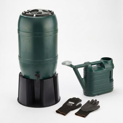 210 Litre Water Butt with Stand, Watering Can and Gardening Gloves, Rainwater Collection Kit