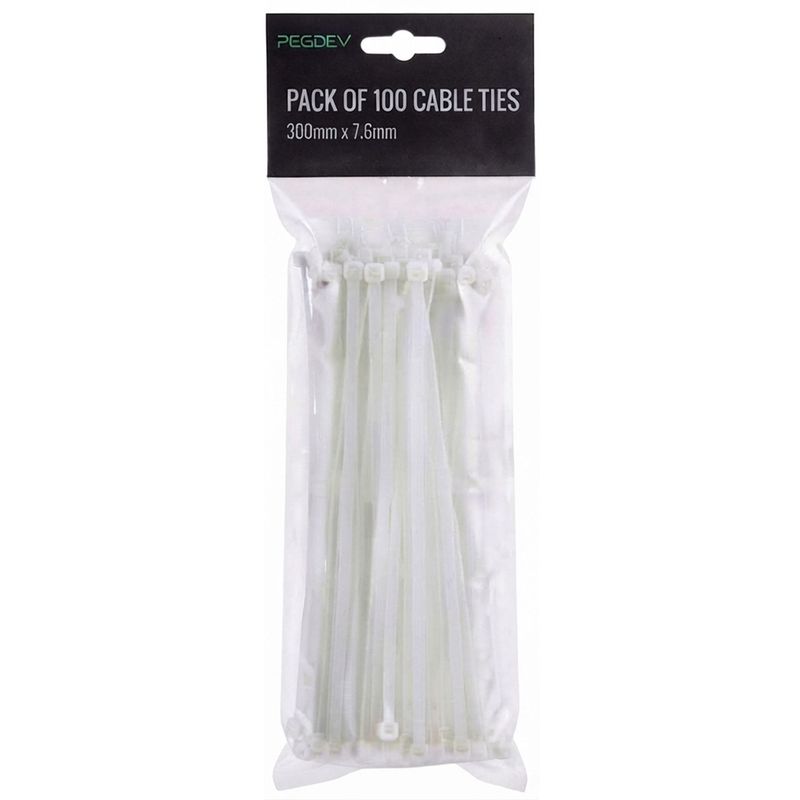 White Heavy Duty Cable Ties 300 x 7.6mm Zip Ties for Cable Management Pack of 100
