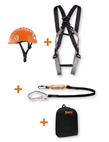 Kit sicurezza Kapriol per ponteggiatori con imbracatura e cordino con gancio grande
