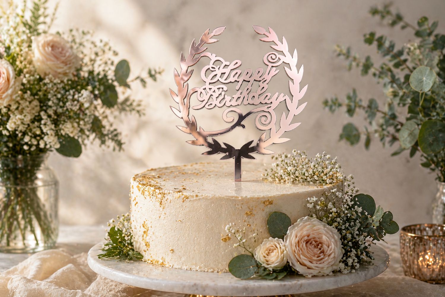 Pink Wreath Happy Birthday Cake topper x 10