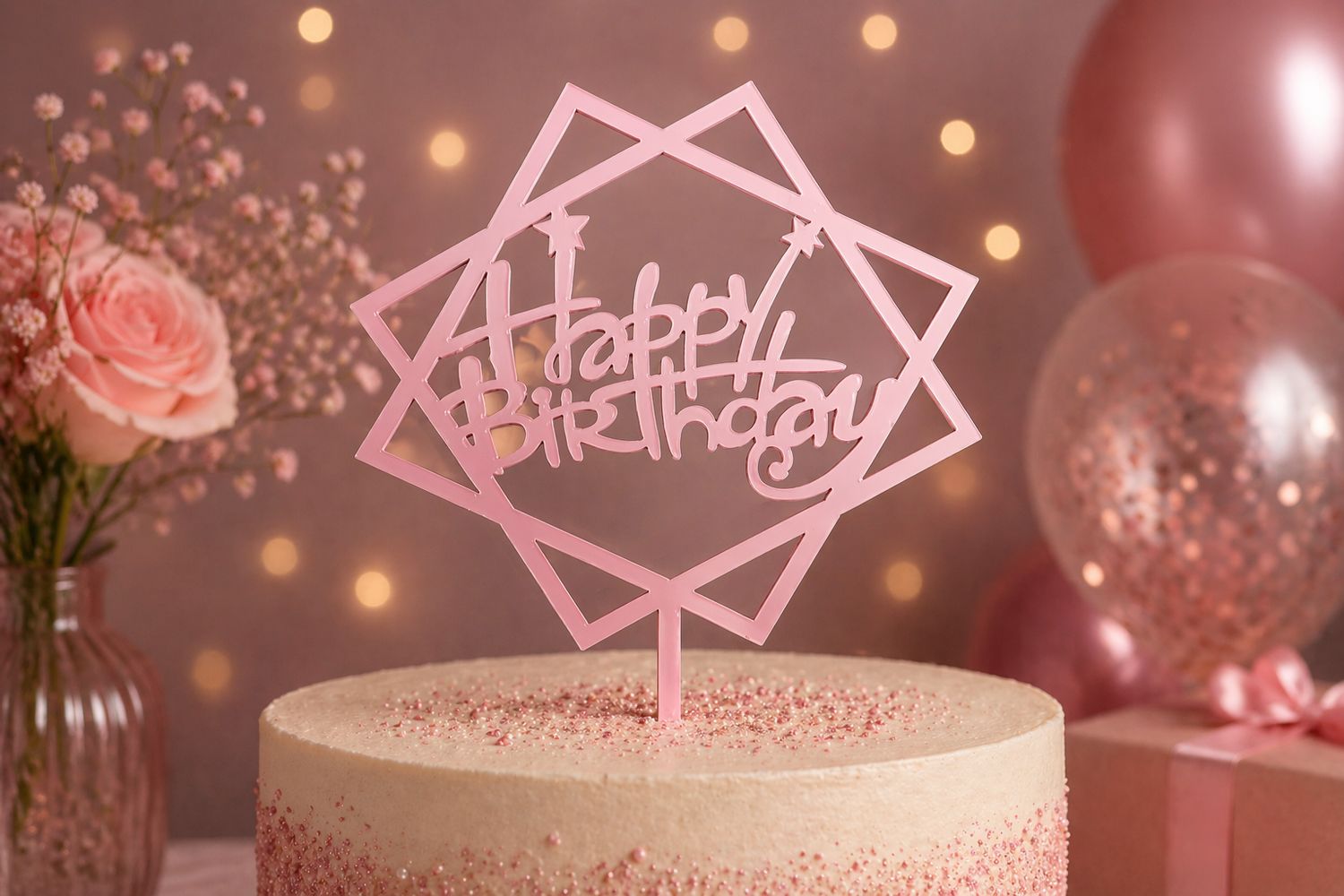 Star shape Acrylic Pink Happy Birthday Cake topper x 10