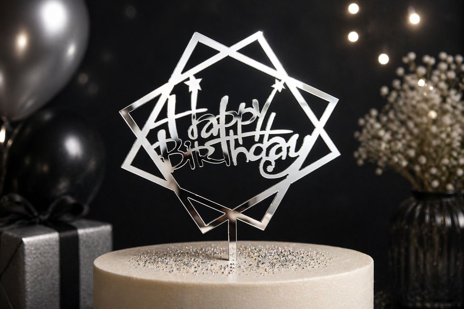 Star shape Acrylic Silver Happy Birthday Cake topper x 10