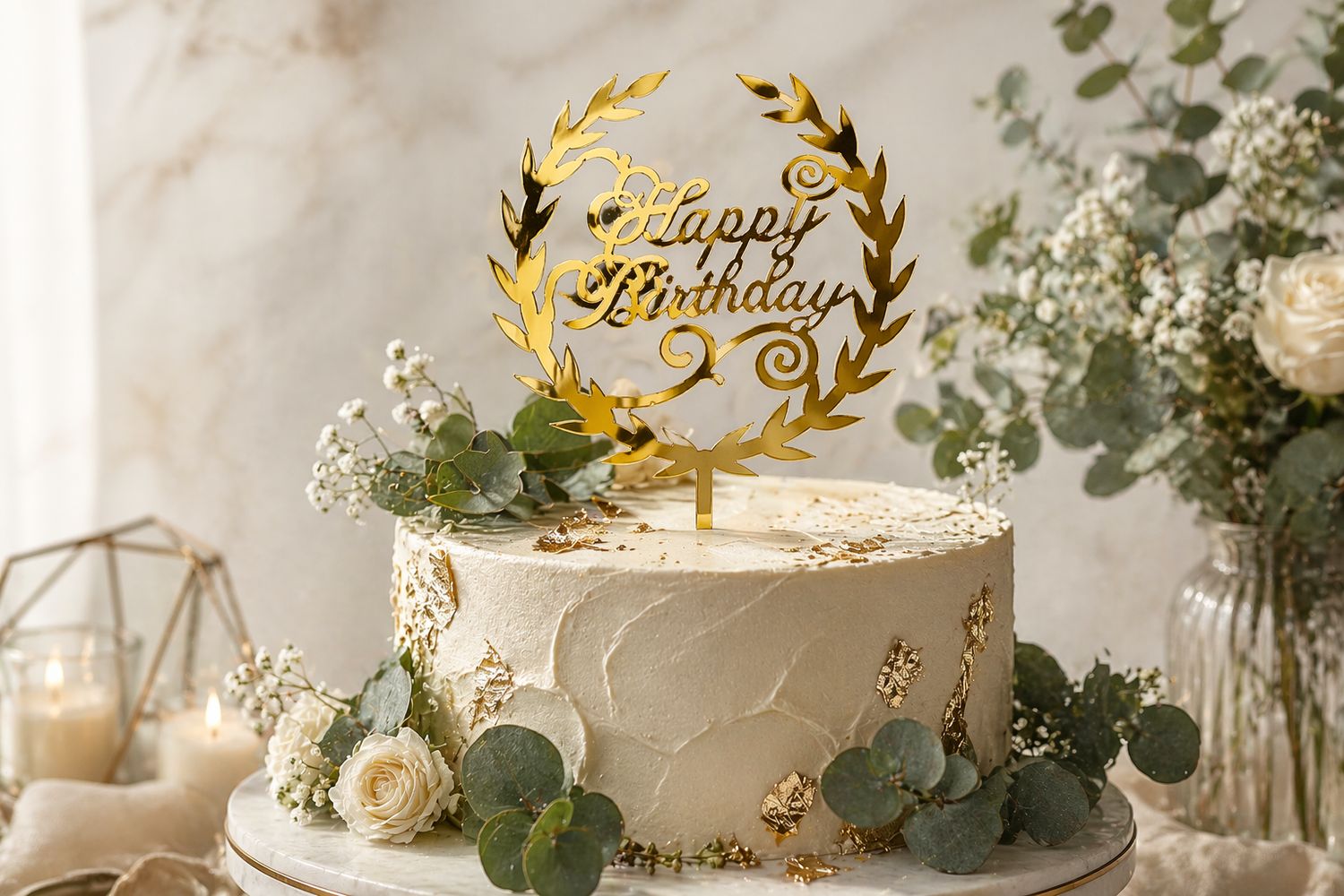 Gold Wreath Happy Birthday Cake topper x 10