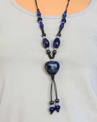 Long Handmade Ceramic Necklace "Blue Heart"