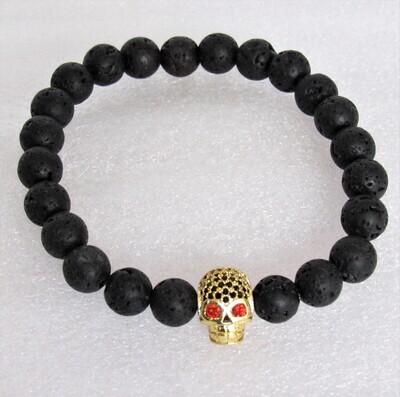 Lava Stone Handmade Men's Bracelet - "Gold Skull -1"