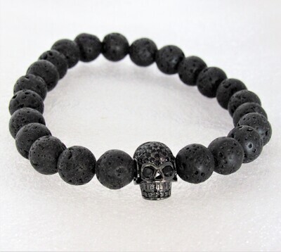 Lava Stone Handmade Men's Bracelet - "Total Black Skull"