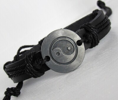 "Yin Yang" Black Leather Handmade Men's Bracelet