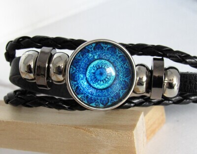 "Blue eye" Black Leather Handmade Men's Bracelet