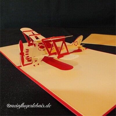 Klappkarte / Glückwunschkarte, 3D-Flugzeug, Doppeldecker, Rot
