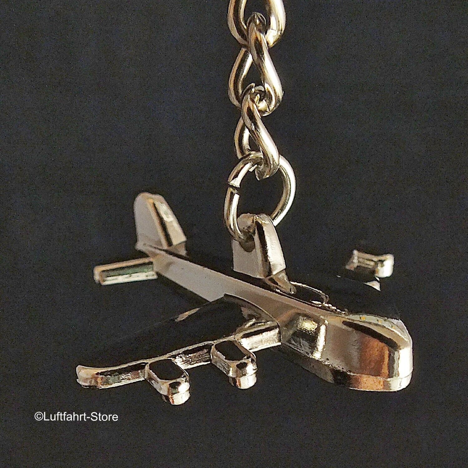 Schlüsselanhänger Flugzeug, 4-Strahlig, Metall, Chrom