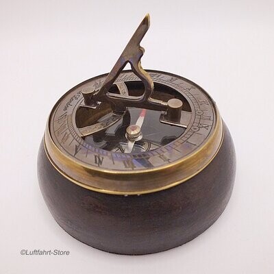 Tisch-Kompass mit Sonnenuhr und Holzsockel Vintage