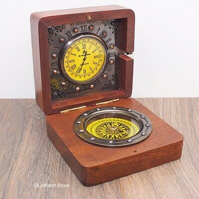 Retro-Kompass mit Uhr in einer Holzkiste 49 Bond Street London