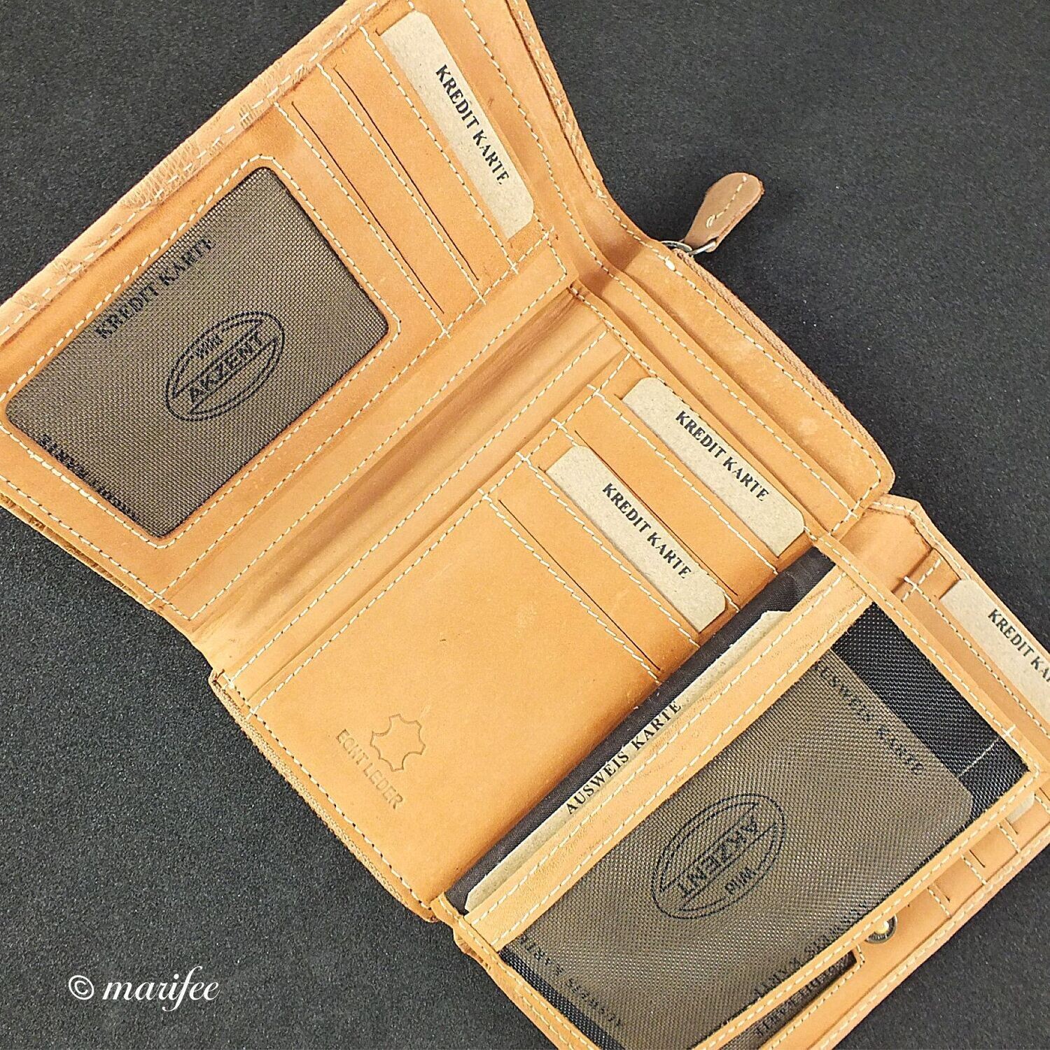 Damen-Wildleder-Geldbörse Groß, 25 Fächer, Florales Design, Karamell