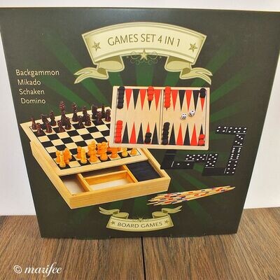 Reise-Spiele-Set 4 in 1, Holz, Schach, Backgammon, Mikado