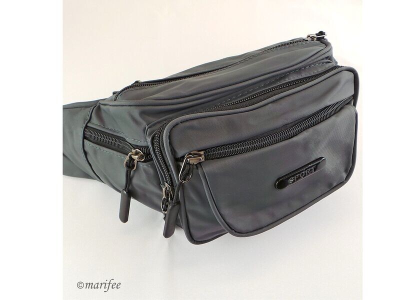 Grosse Bauchtasche Canvas, Unisex, 6 Fächer, Grau Grosse Bauchtasche Canvas, Unisex, 6 Fächer, Grau