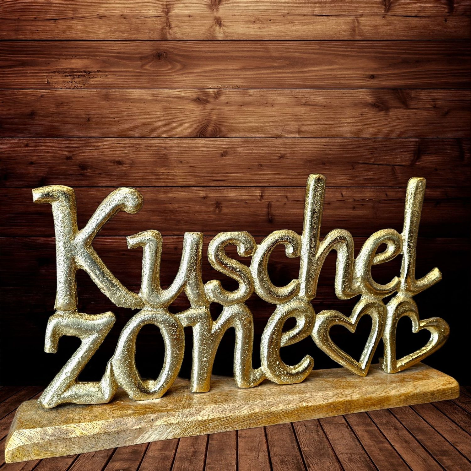 Metall-Schriftzug Kuschelzone, auf Holzsockel 305 × 150 mm