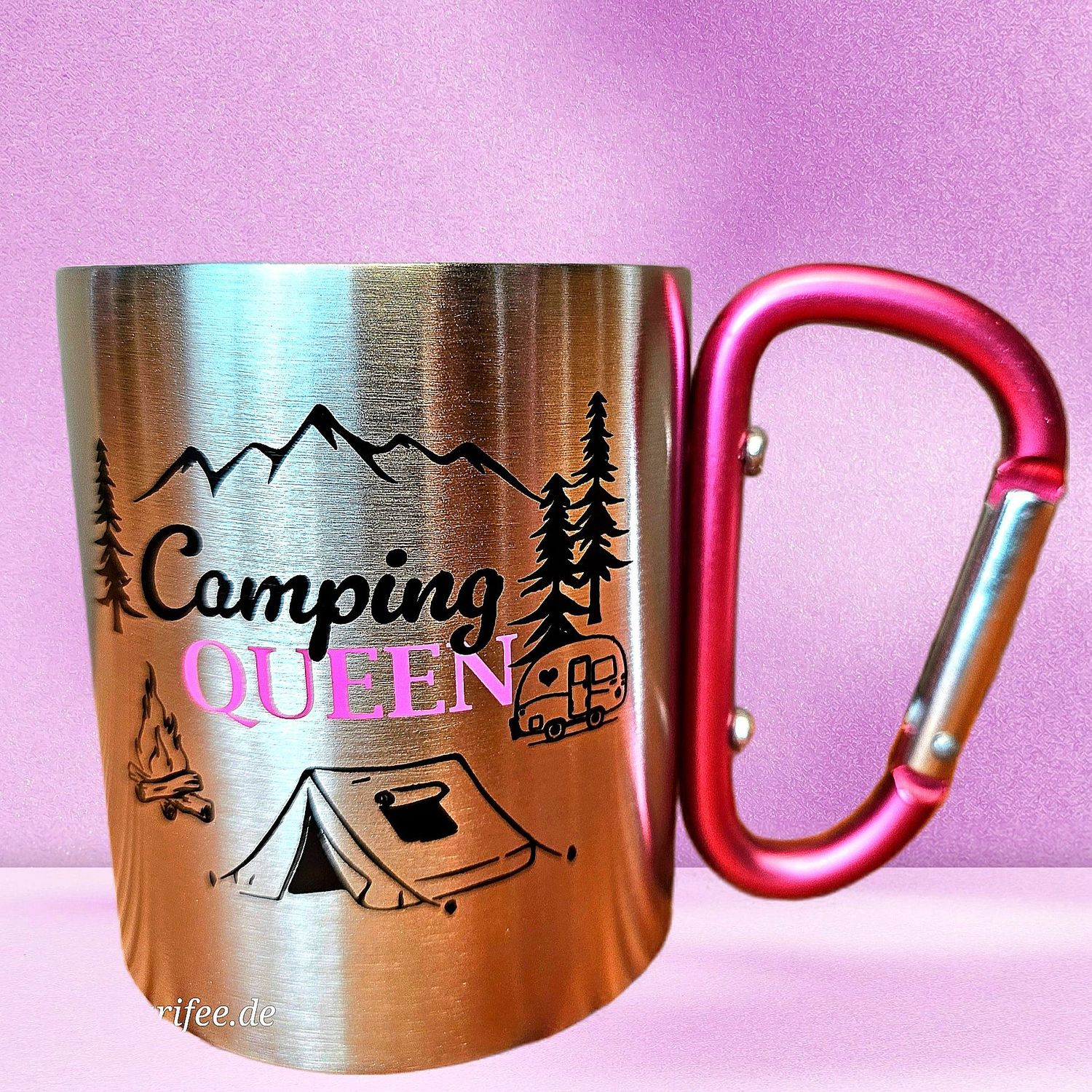 Outdoorbecher Metall mit Karabiner, Camping Queen