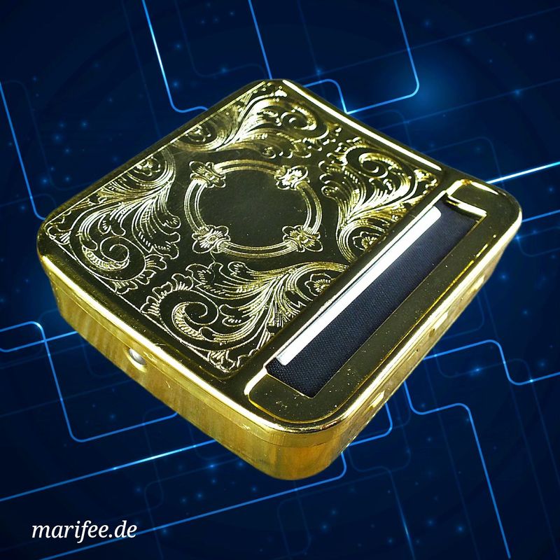Edle Zigarettendrehmaschine, Metall, mit Deckelprägung Edle Zigarettendrehmaschine, Metall, mit Deckelprägung