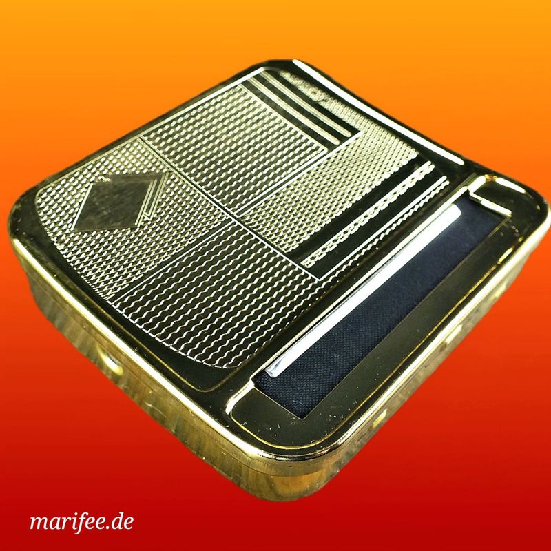 Edle Zigarettendrehmaschine, Metall, mit Deckelprägung Edle Zigarettendrehmaschine, Metall, mit Deckelprägung