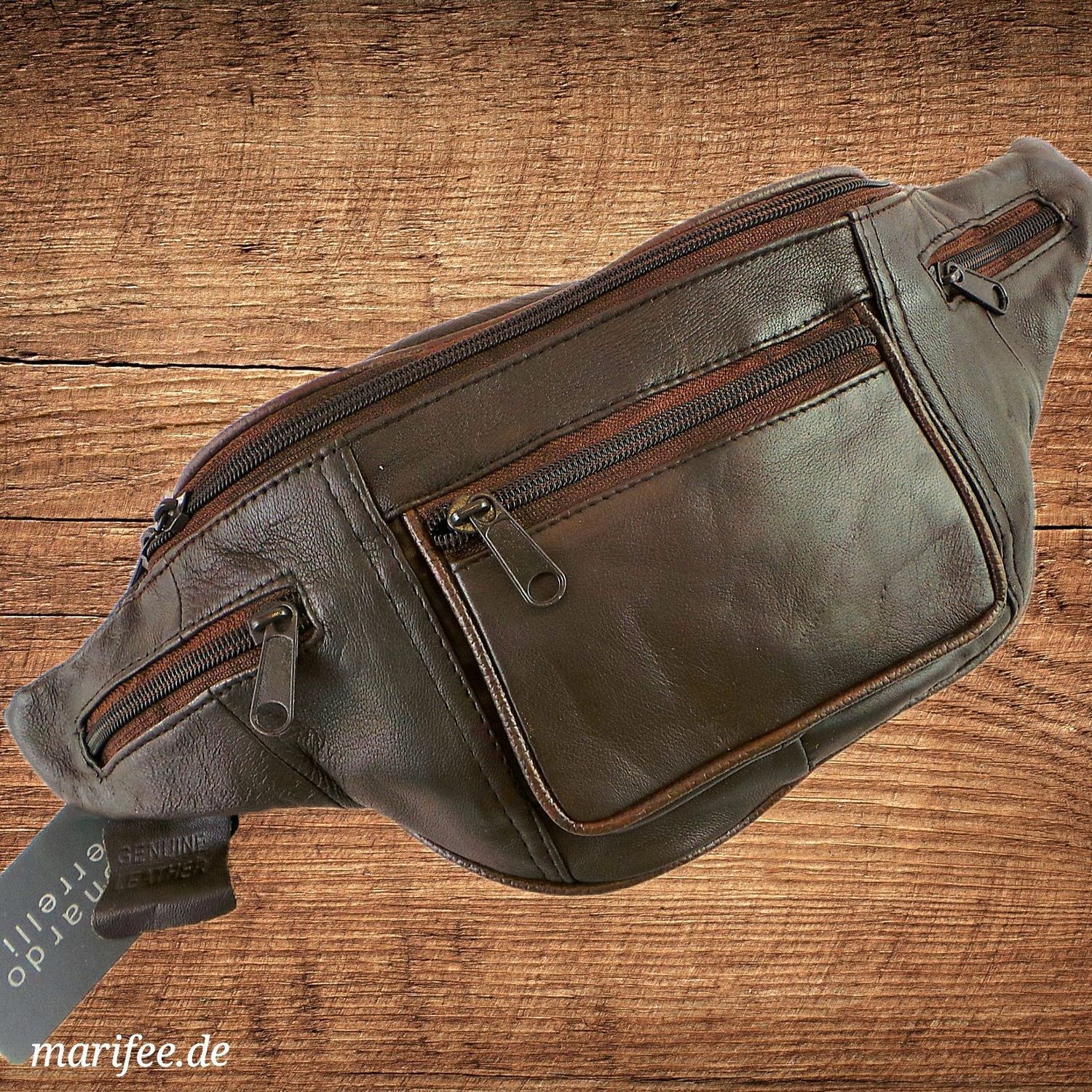 Bauchtasche Dunkelbraun, weiches Leder, 5 Fächer