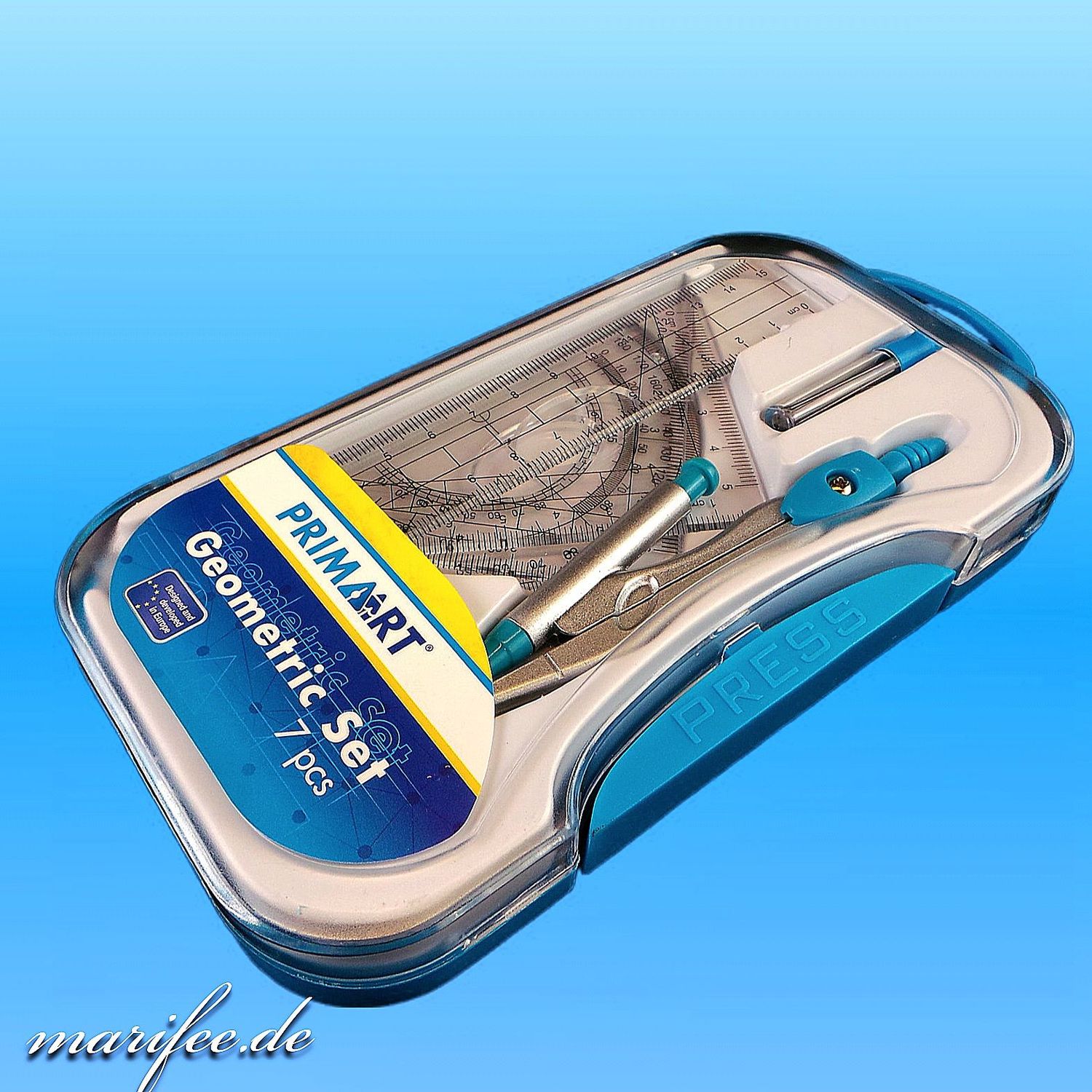Geometrie-Set, 7-teilig, mit Zirkel und Winkelmesser, Blau