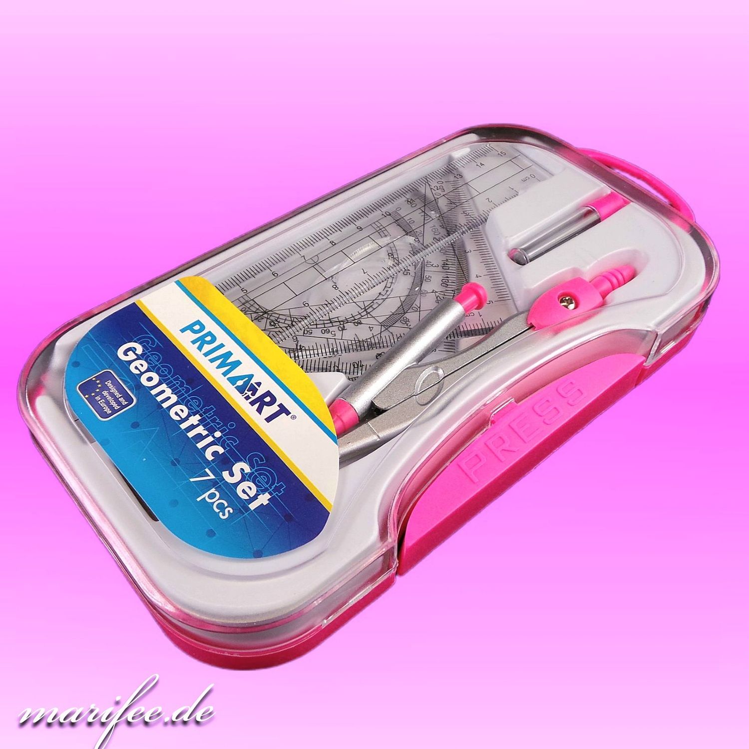 Geometrie-Set, 7-teilig, mit Zirkel und Winkelmesser, Pink