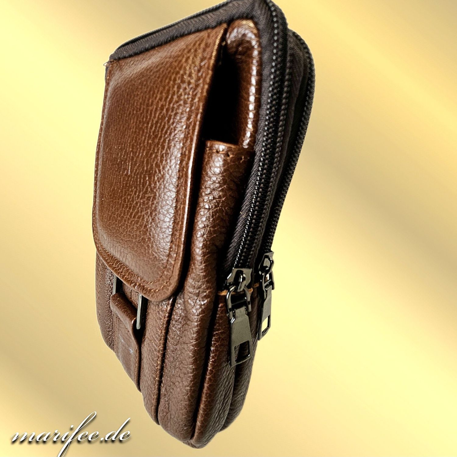 Gürteltasche Echtleder, Braun, 3 Fächer, Magnetverschluss