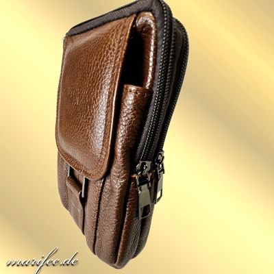 Gürteltasche Echtleder, Braun, 3 Fächer, Magnetverschluss