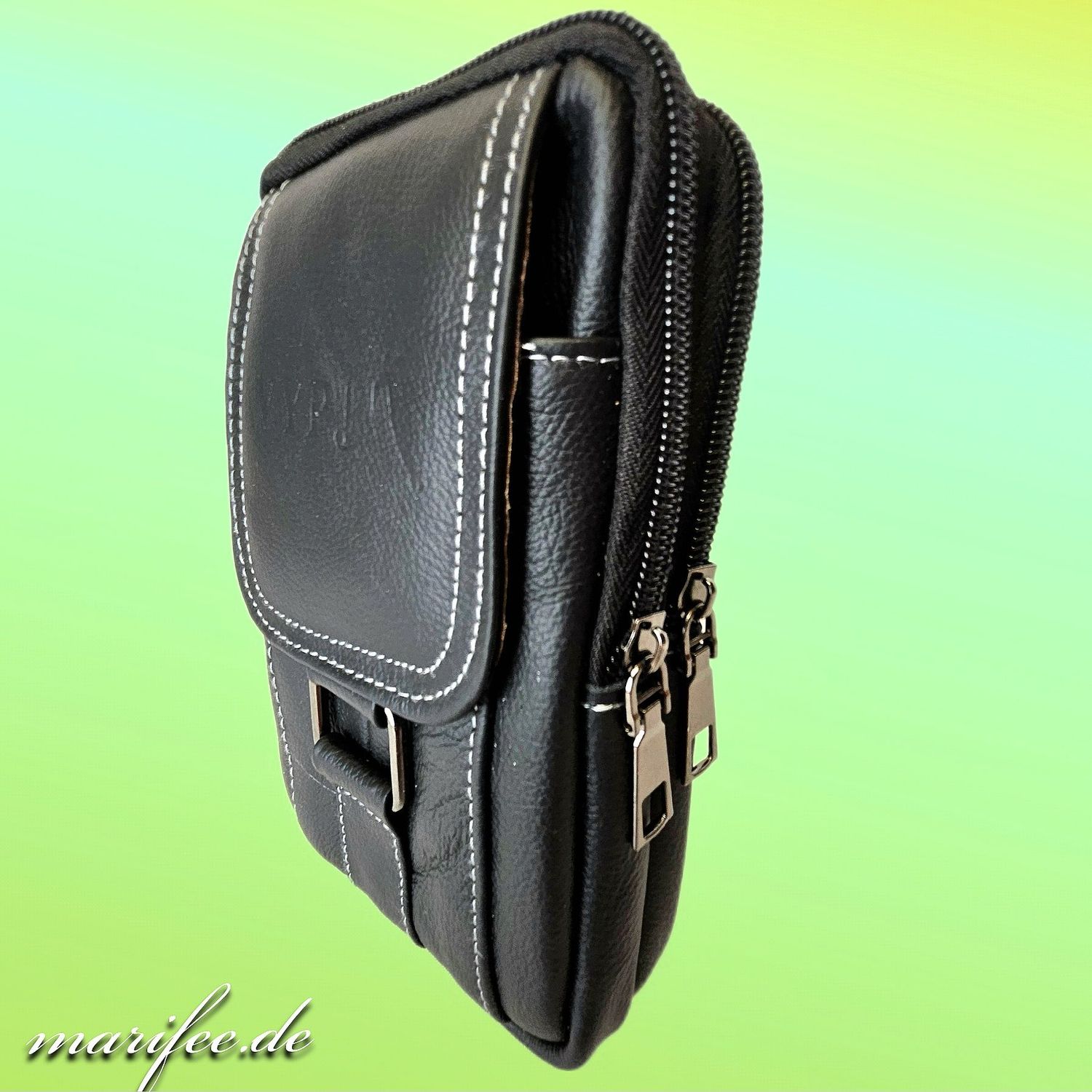 Gürteltasche Echtleder, Schwarz, 3 Fächer, Magnetverschluss
