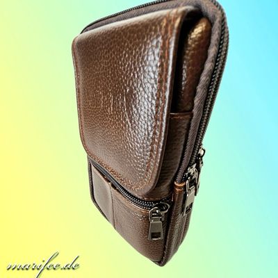 Gürteltasche Echtleder, Braun, 4 Fächer, Magnetverschluss