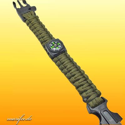 Paracord-Armband 5 in 1 Armee-Grün inkl. Kompass, Pfeife, Feuerstein