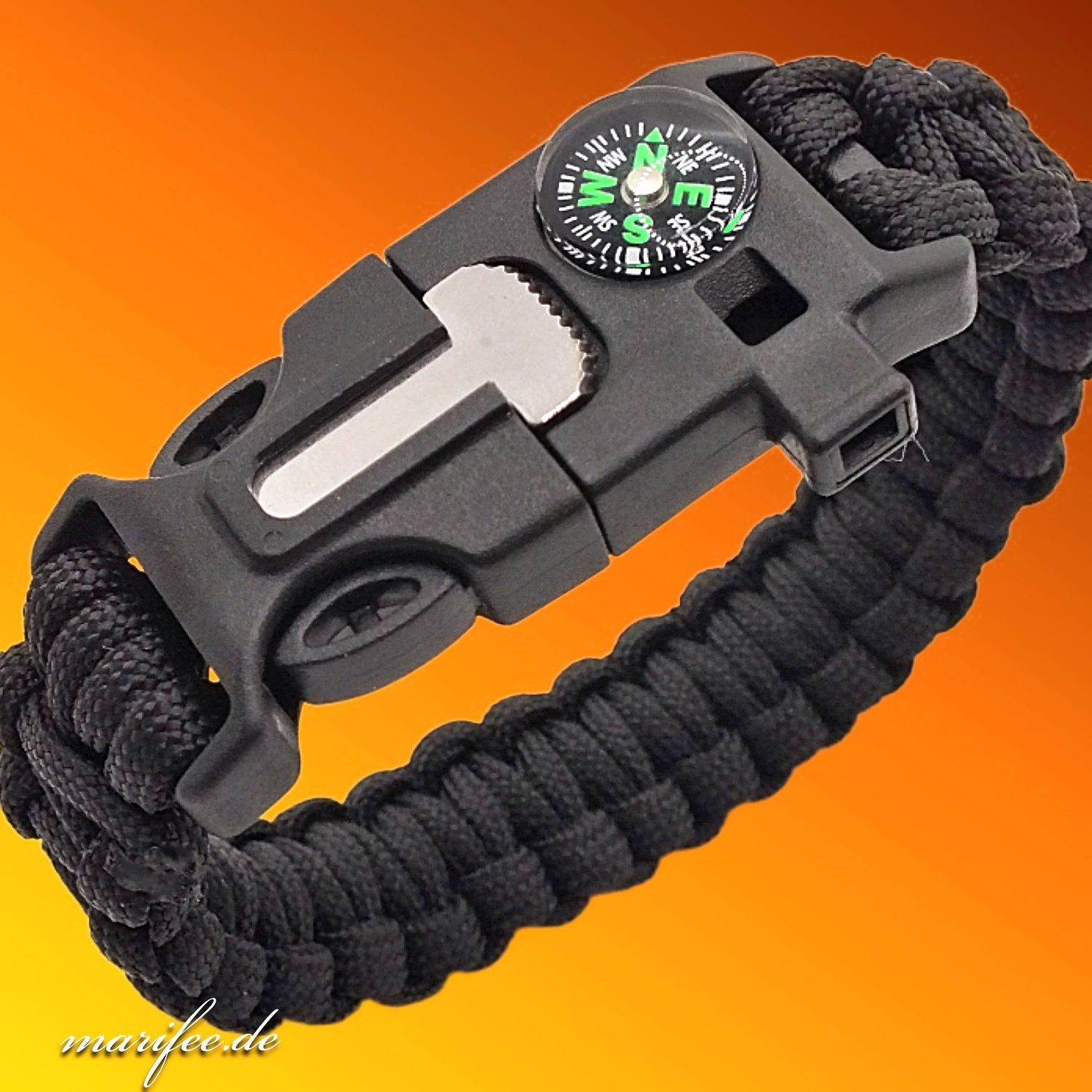 Paracord-Armband 5 in 1, Schwarz, inkl. Kompass, Pfeife, Feuerstein