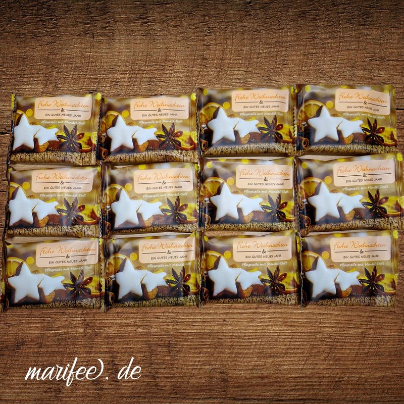 Pflegeseife mit Mandelduft, 12 Stück, Frohe Weihnachten Pflegeseife mit Mandelduft, 12 Stück, Frohe Weihnachten