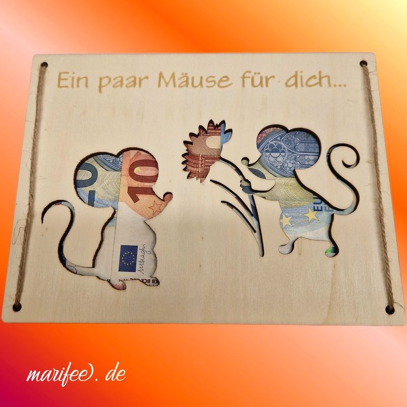 Holz-Geschenkkarte ein paar Mäuse für dich, Geldgeschenke Holz-Geschenkkarte ein paar Mäuse für dich, Geldgeschenke