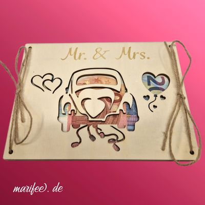 Holz-Geschenkkarte Hochzeit, Mr. & Mrs. für Geldgeschenke