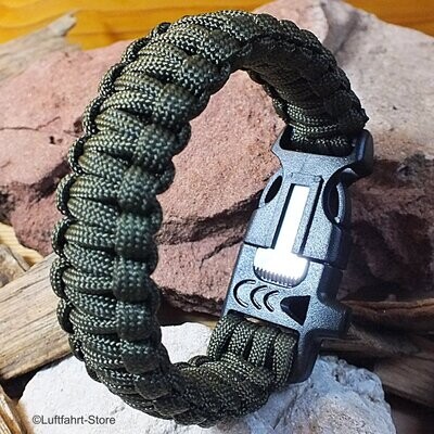 Paracord-Armband 3 in 1, Grün, inkl. Rettungspfeife, Feuerstein, Klinge Paracord-Armband 3 in 1, Grün, inkl. Rettungspfeife, Feuerstein, Klinge