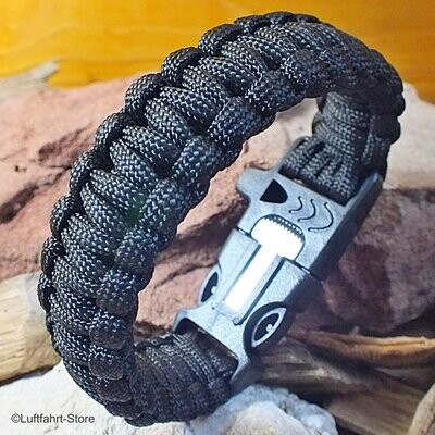 Paracord-Armband 3 in 1 Schwarz, inkl. Rettungspfeife, Feuerstein, Klinge Paracord-Armband 3 in 1 Schwarz, inkl. Rettungspfeife, Feuerstein, Klinge