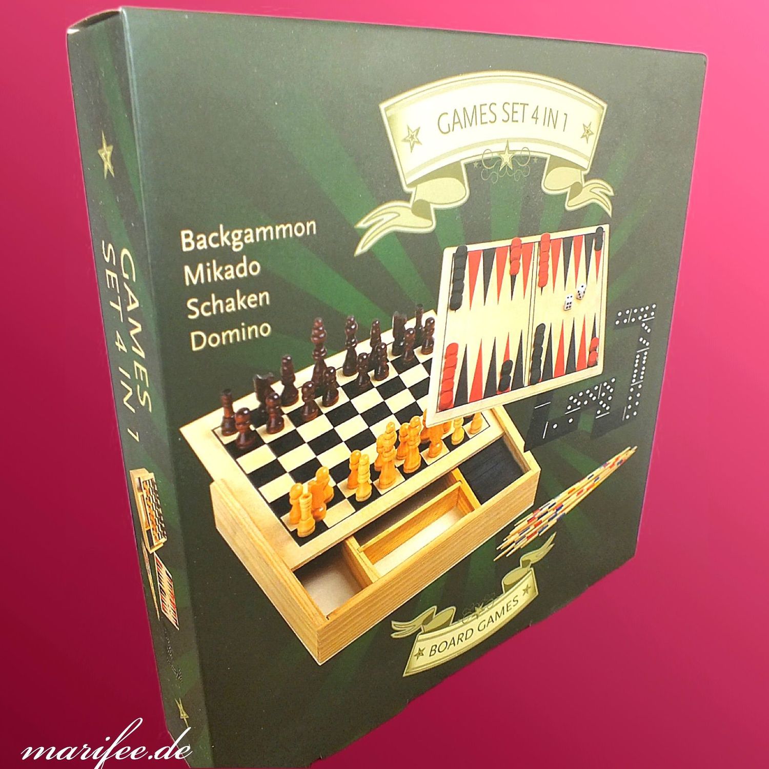 Reise-Spiele-Set 4 in 1, Holz, Schach, Backgammon, Mikado, Domino