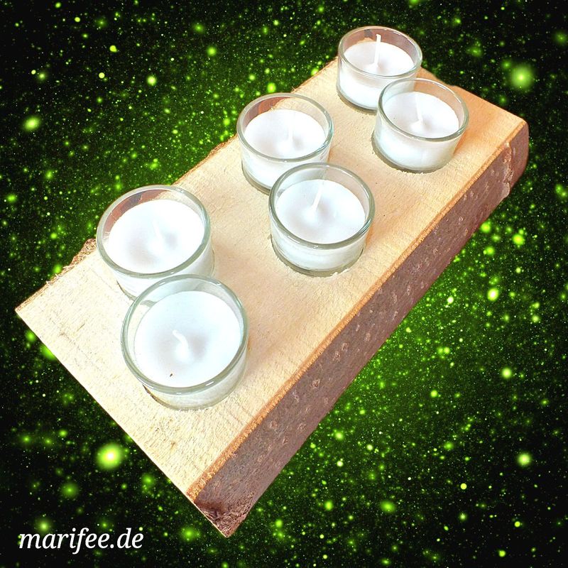 6 Stück Glas-Windlichter auf einem Massivholzbrett mit Baumrinde 6 Stück Glas-Windlichter auf einem Massivholzbrett mit Baumrinde