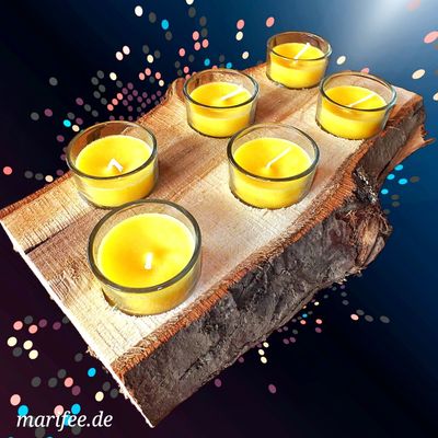 6 Stück Glas-Windlichter auf einem Massivholzbrett mit Baumrinde 6 Stück Glas-Windlichter auf einem Massivholzbrett mit Baumrinde