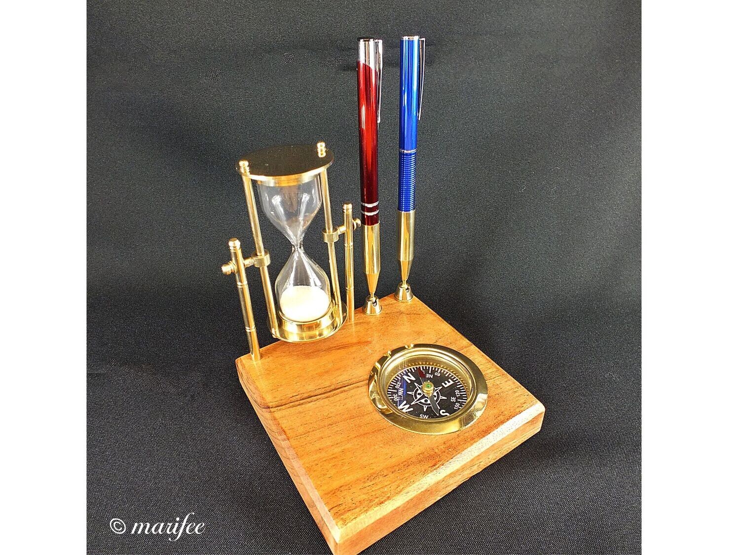 Edles Schreibtischset, Holz-Messing, mit Kompass