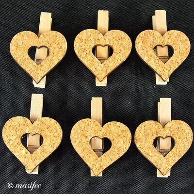 Holz-Wäscheklammern Kork-Herz, 6 Stück, 49 x 36 x 13 mm